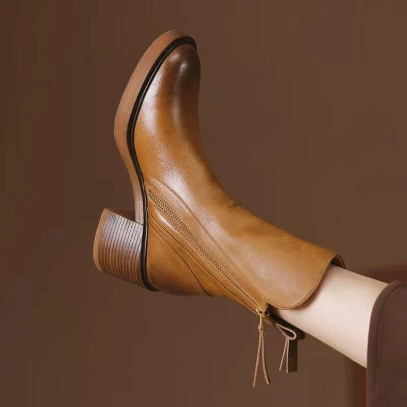 Elora | Leather Heeled Ankle Boots with Block Heel and Tassel Zip