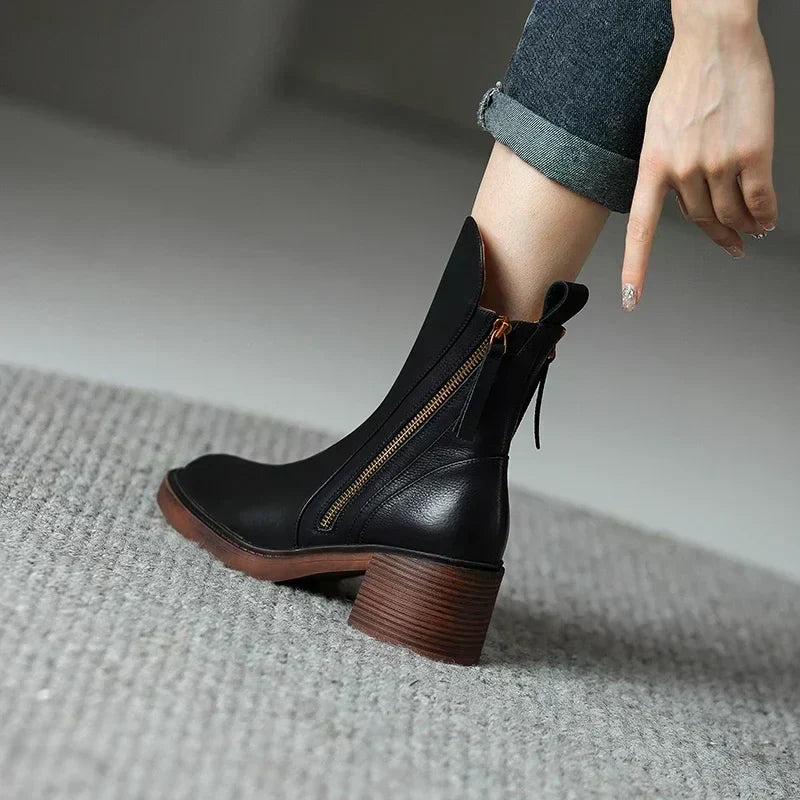 Alexia | Leather Heeled Ankle Boots with Front Zip and Block Heel