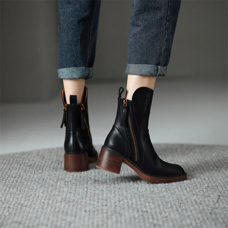 Alexia | Leather Heeled Ankle Boots with Front Zip and Block Heel
