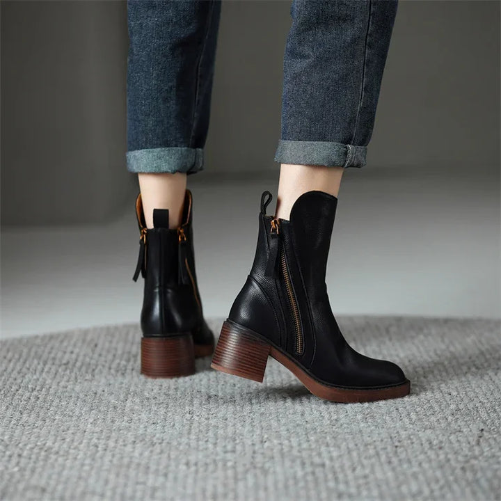 Alexia | Leather Heeled Ankle Boots with Front Zip and Block Heel