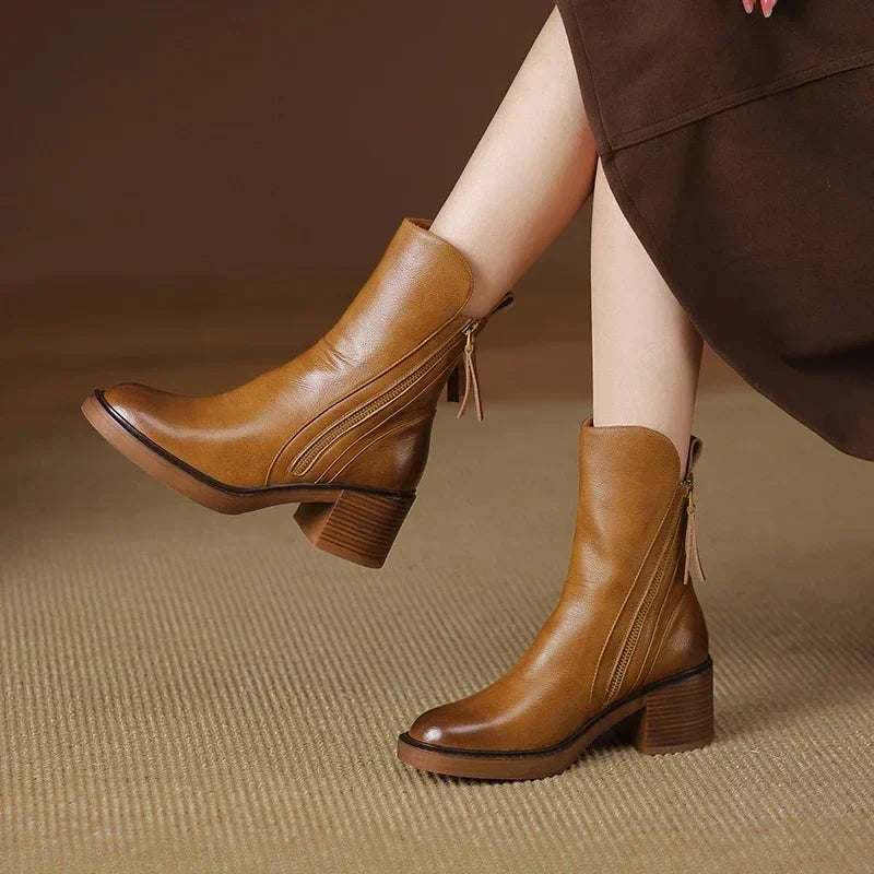 Alexia | Leather Heeled Ankle Boots with Front Zip and Block Heel