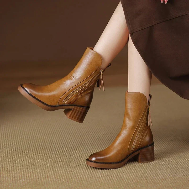 Alexia | Leather Heeled Ankle Boots with Front Zip and Block Heel