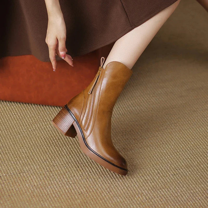 Alexia | Leather Heeled Ankle Boots with Front Zip and Block Heel