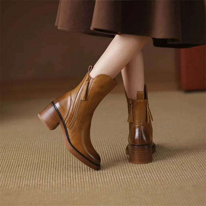 Alexia | Leather Heeled Ankle Boots with Front Zip and Block Heel