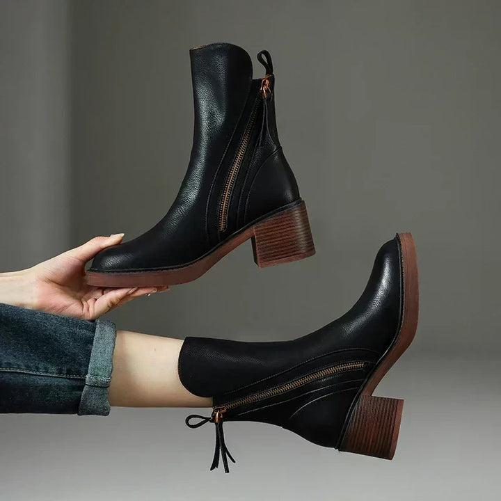 Alexia | Leather Heeled Ankle Boots with Front Zip and Block Heel