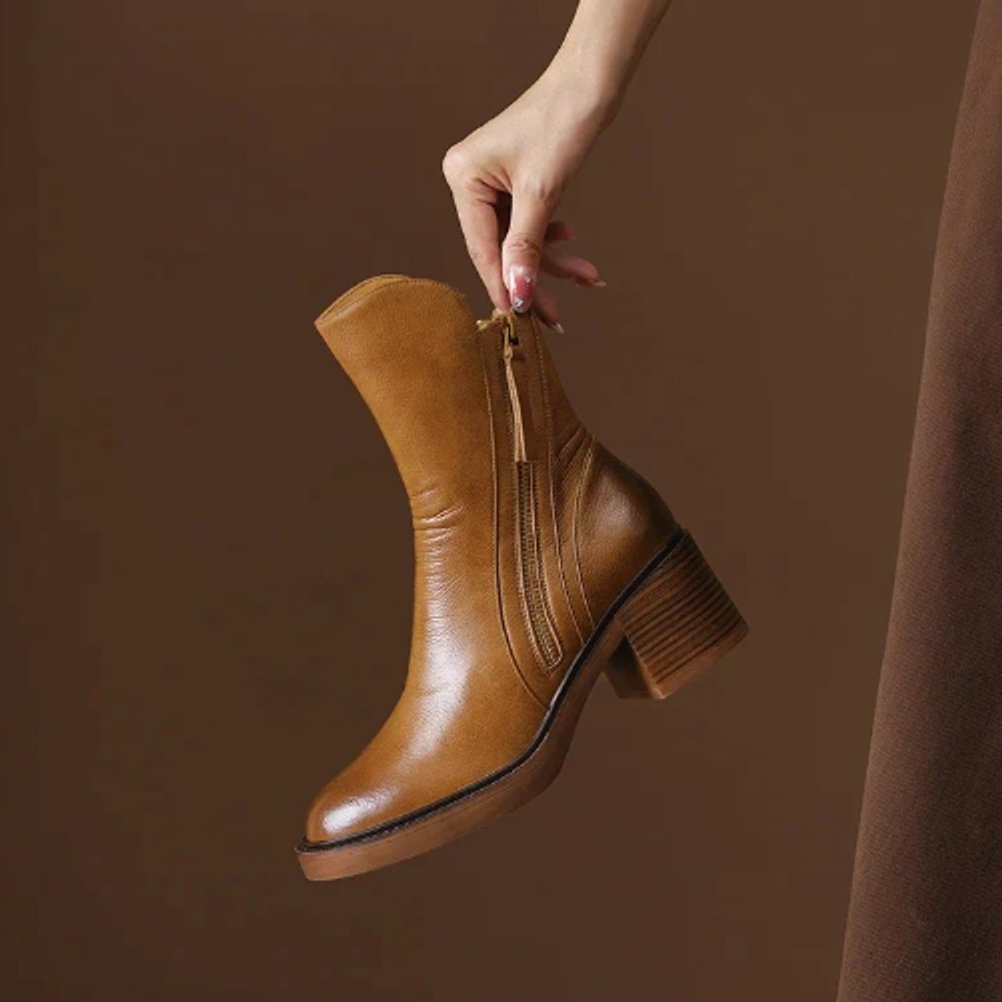 Celine | Leather Heeled Ankle Boots with Side Zip and Block Heel