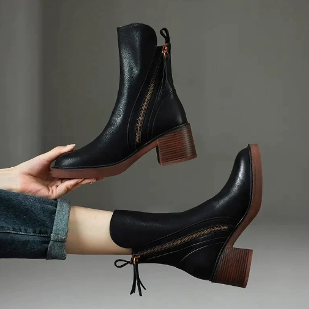 Celine | Leather Heeled Ankle Boots with Side Zip and Block Heel