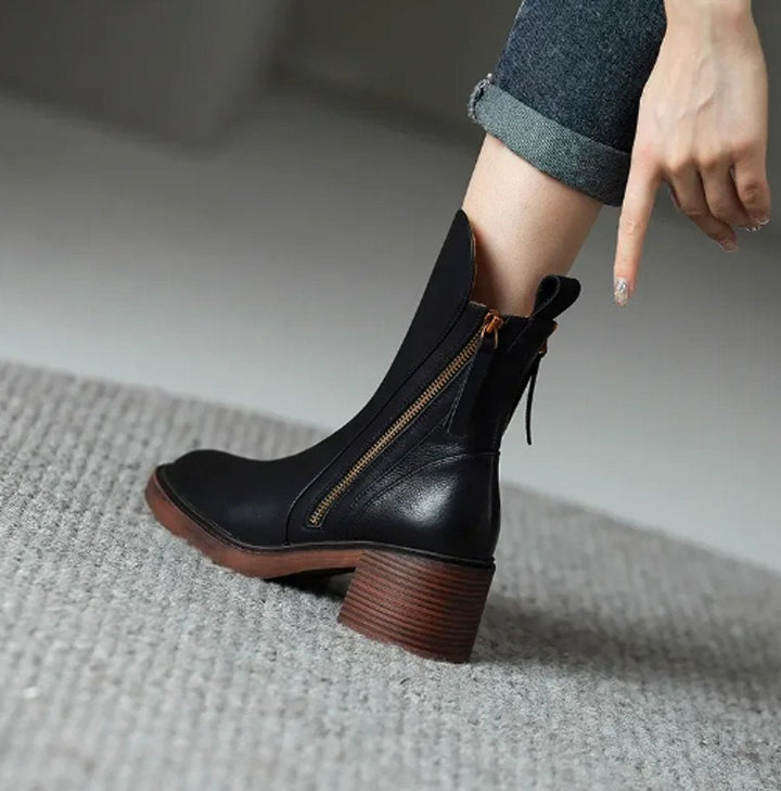 Celine | Leather Heeled Ankle Boots with Side Zip and Block Heel