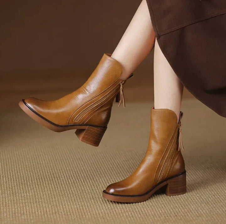 Celine | Leather Heeled Ankle Boots with Side Zip and Block Heel
