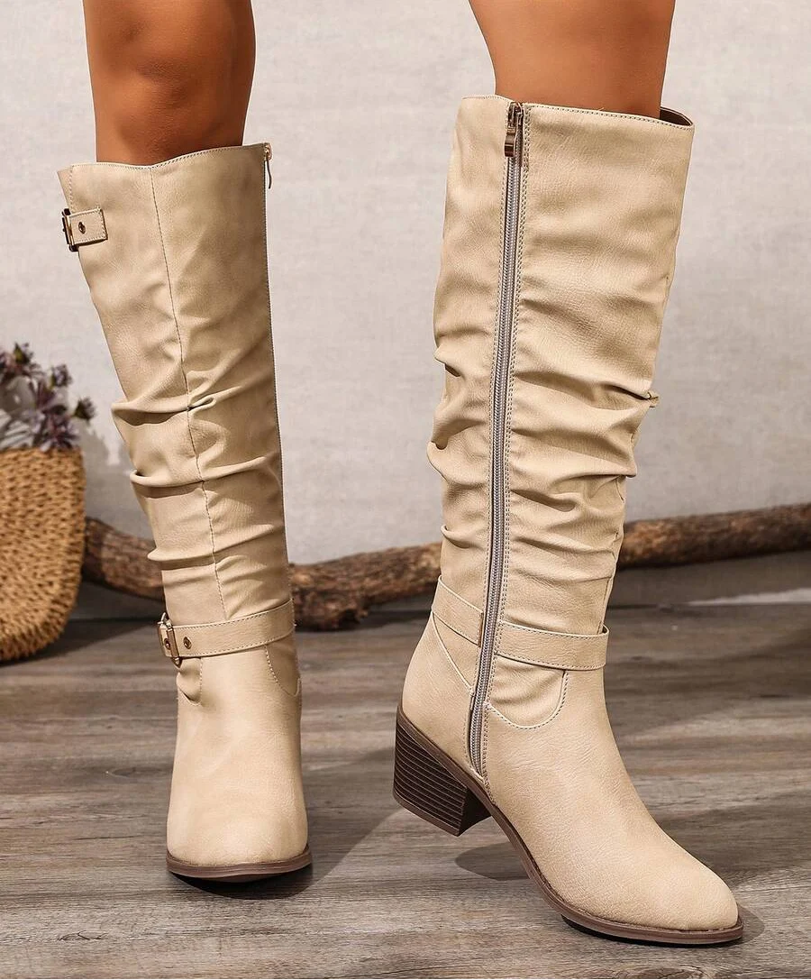 Minahil | Leather Knee High Boots with Double Buckle and Block Heel