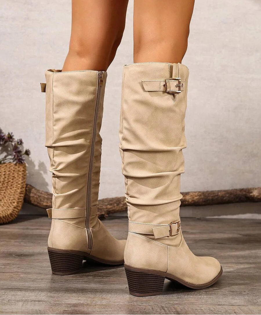 Minahil | Leather Knee High Boots with Double Buckle and Block Heel