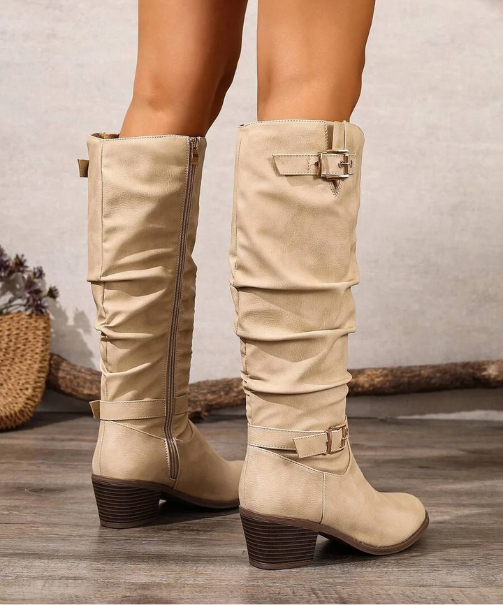 Minahil | Leather Knee High Boots with Double Buckle and Block Heel