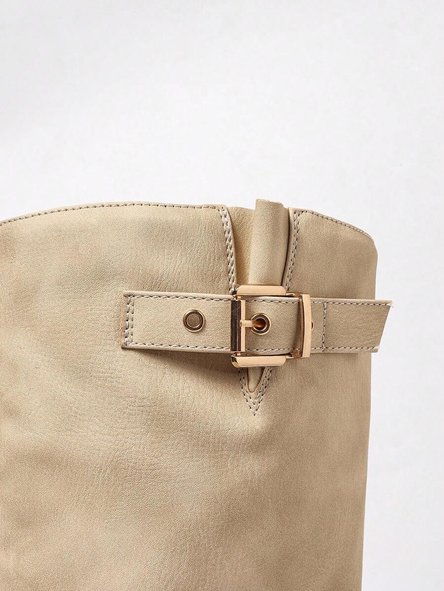 Minahil | Leather Knee High Boots with Double Buckle and Block Heel