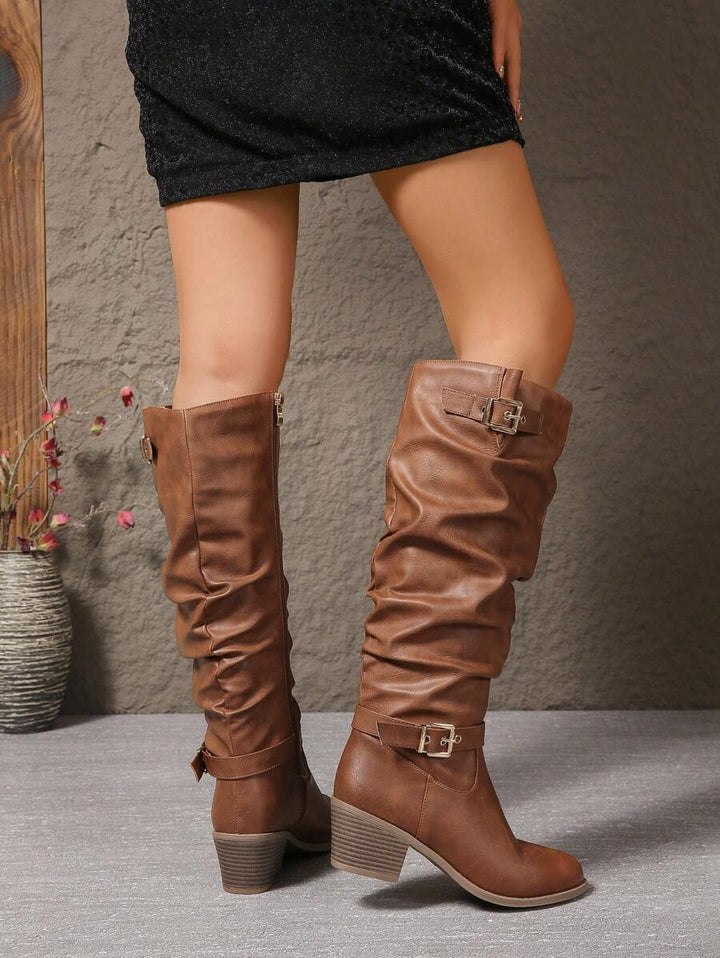 Minahil | Leather Knee High Boots with Double Buckle and Block Heel