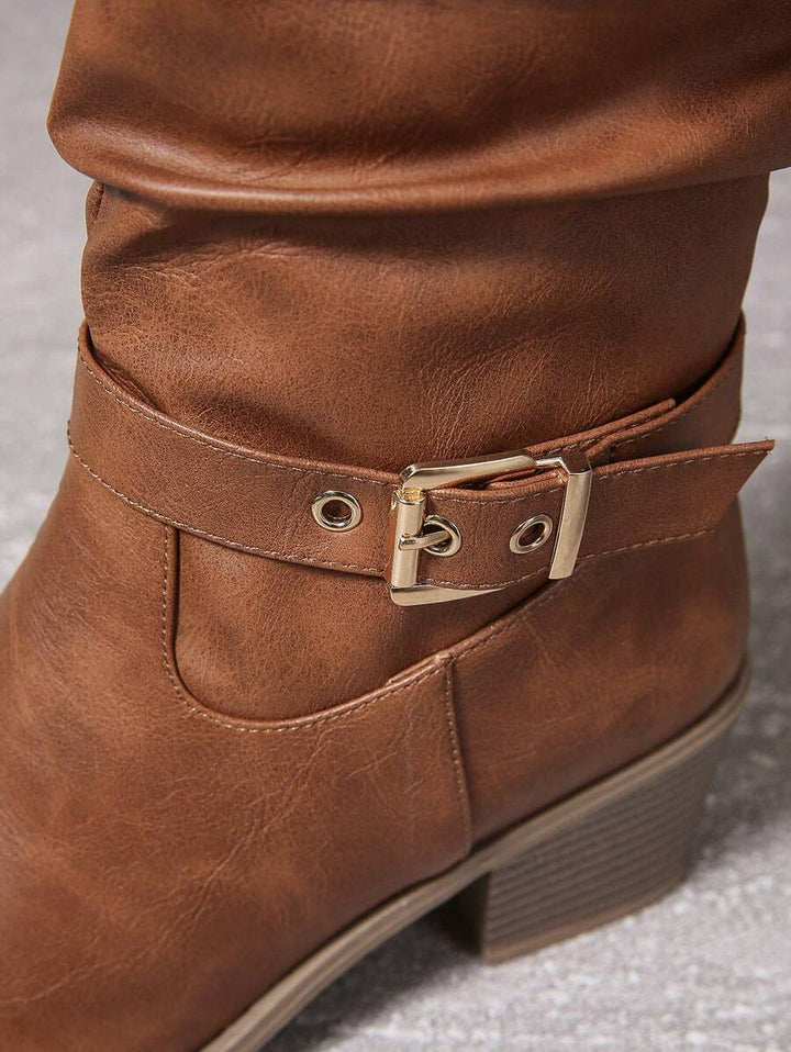 Minahil | Leather Knee High Boots with Double Buckle and Block Heel