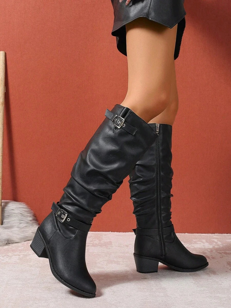 Minahil | Leather Knee High Boots with Double Buckle and Block Heel