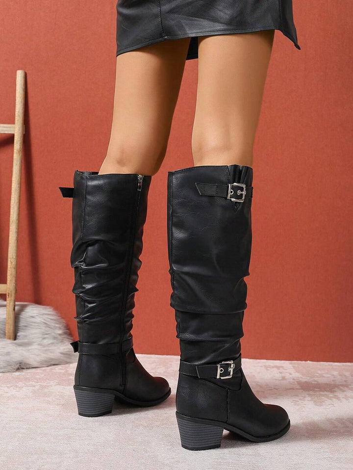 Minahil | Leather Knee High Boots with Double Buckle and Block Heel