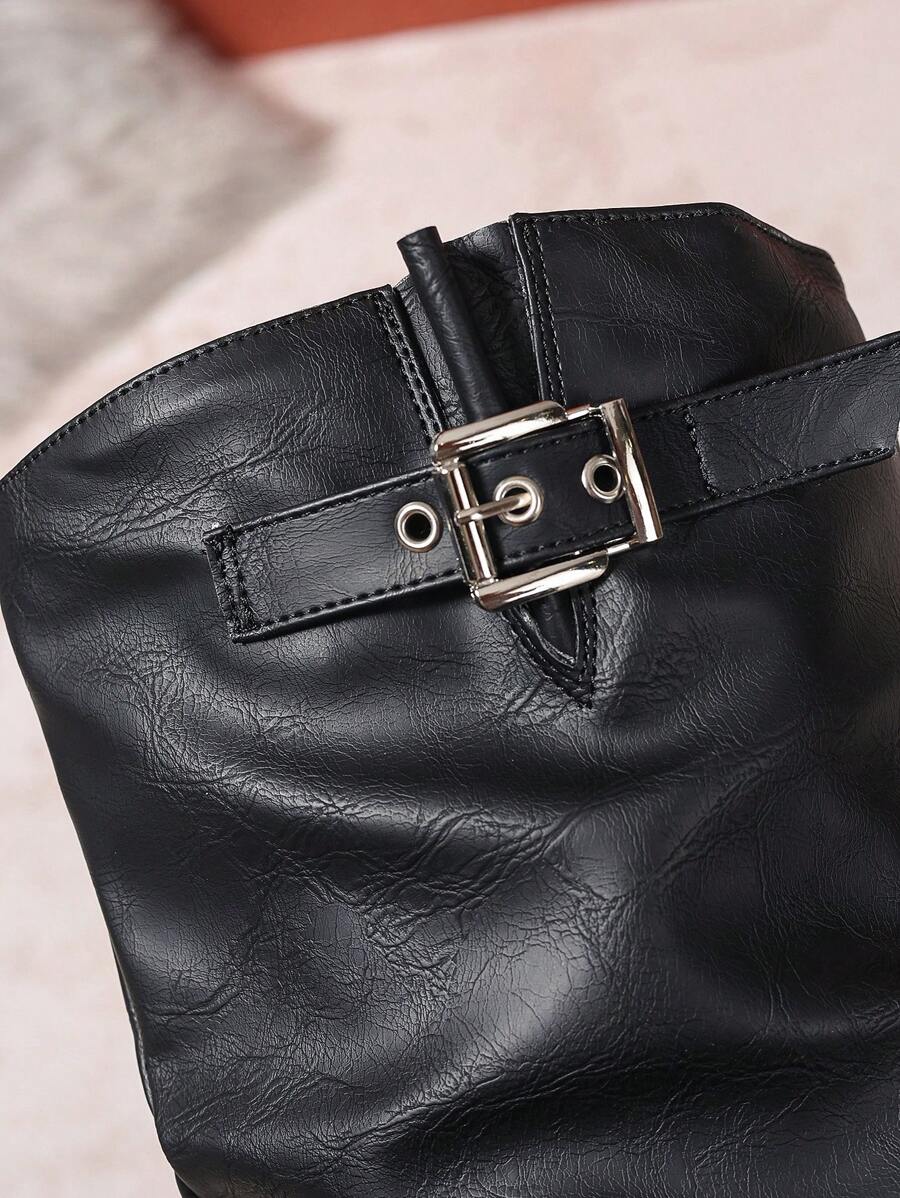 Minahil | Leather Knee High Boots with Double Buckle and Block Heel