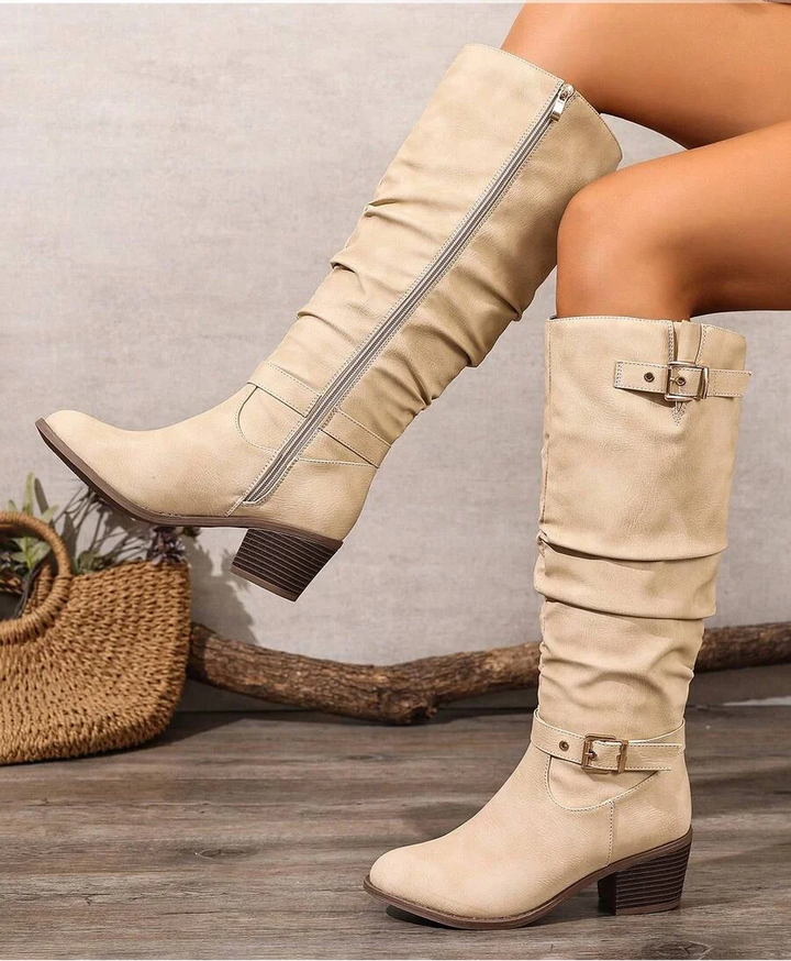Minahil | Leather Knee High Boots with Double Buckle and Block Heel