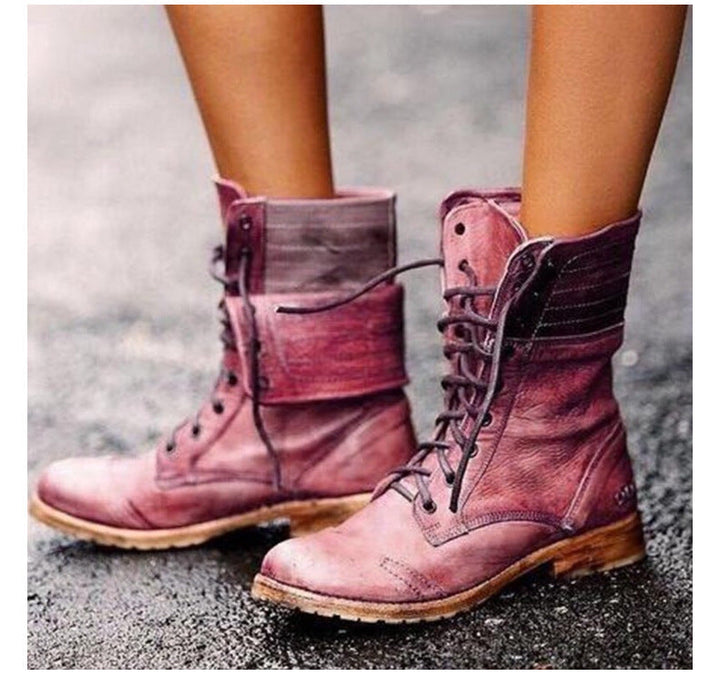 Emmalyn | Leather Lace Up Combat Boots with Fold Down Cuff