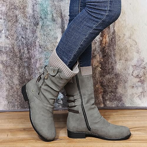 Margot | Leather Mid Calf Boots with Zip and Lace Detail