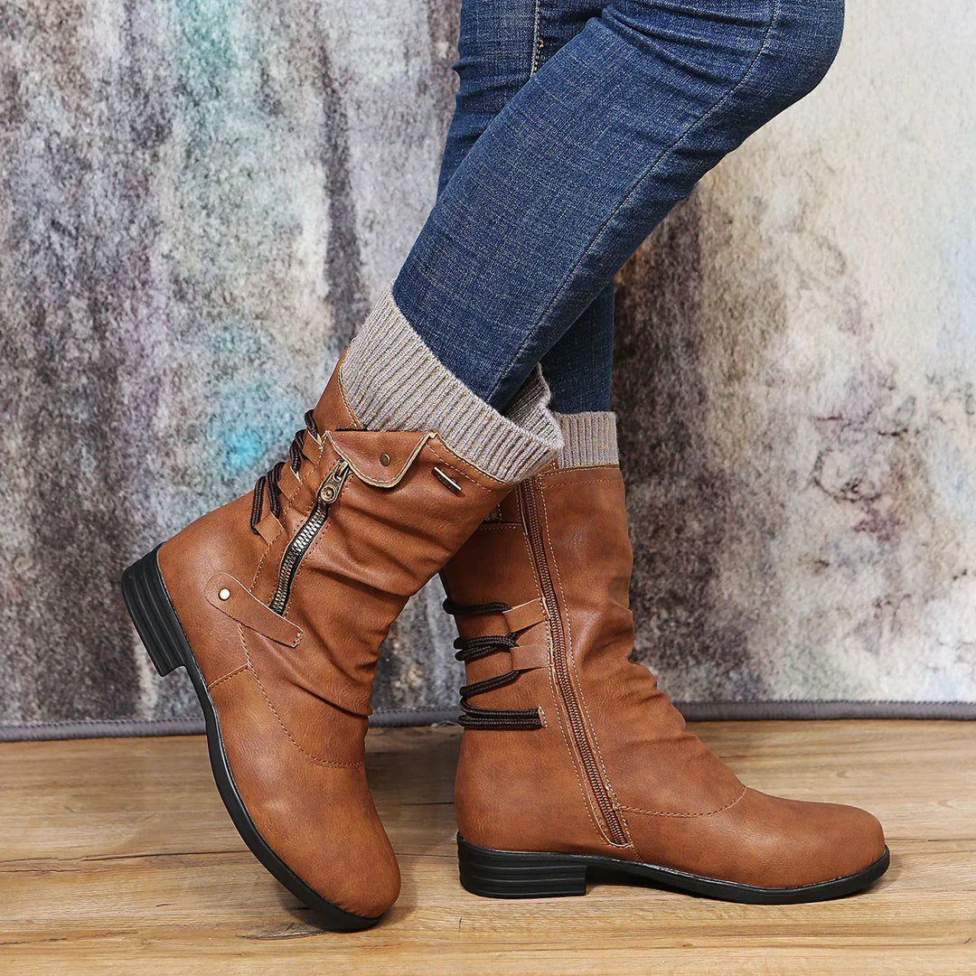Margot | Leather Mid Calf Boots with Zip and Lace Detail