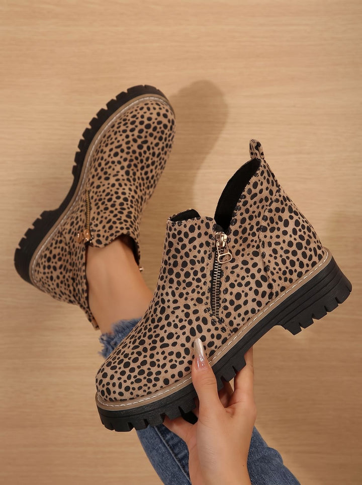 Kataleya | Leopard Print Flat Ankle Boots with Side Zip
