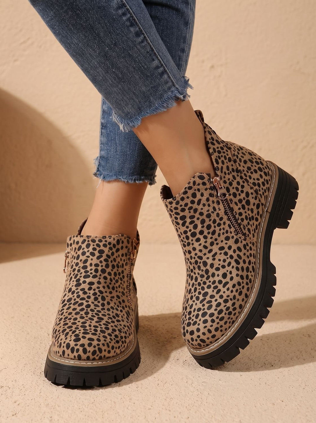 Kataleya | Leopard Print Flat Ankle Boots with Side Zip