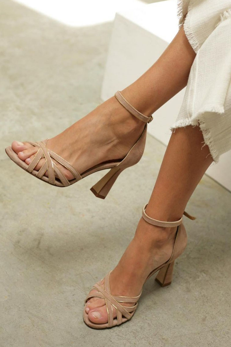Keyla | Nude Strappy Block Heel Sandals with Ankle Strap