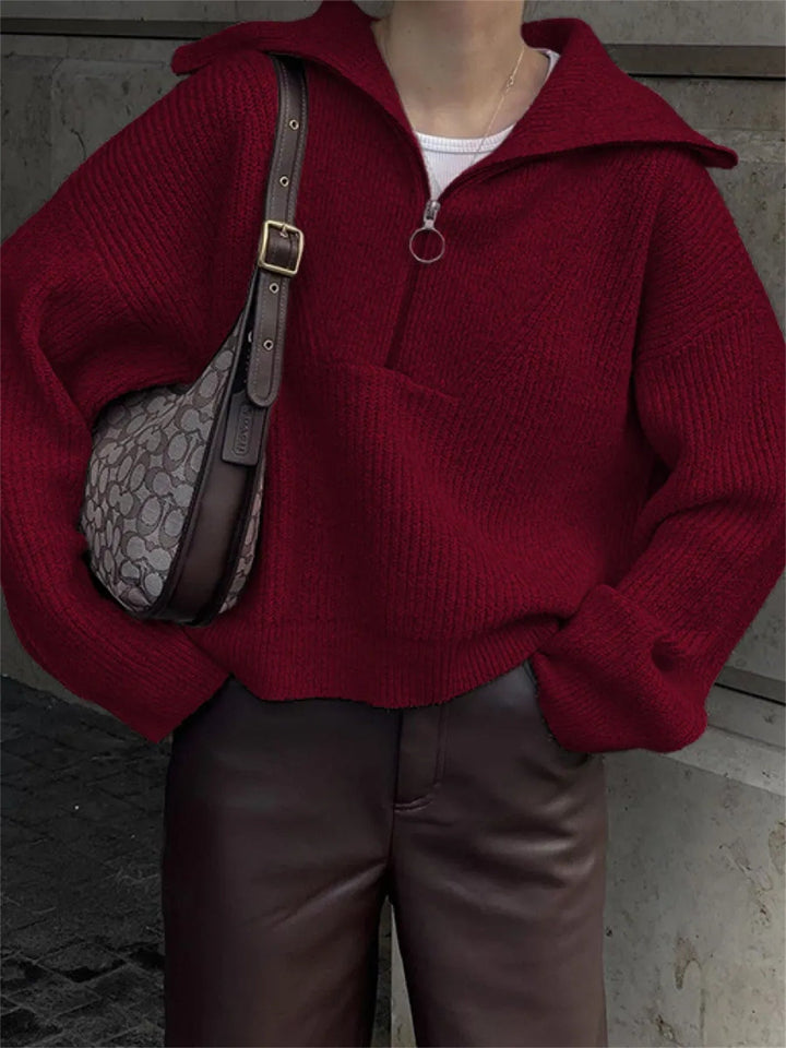 Mercy | Women's Oversized Half Zip Knit Sweater with Wide Collar