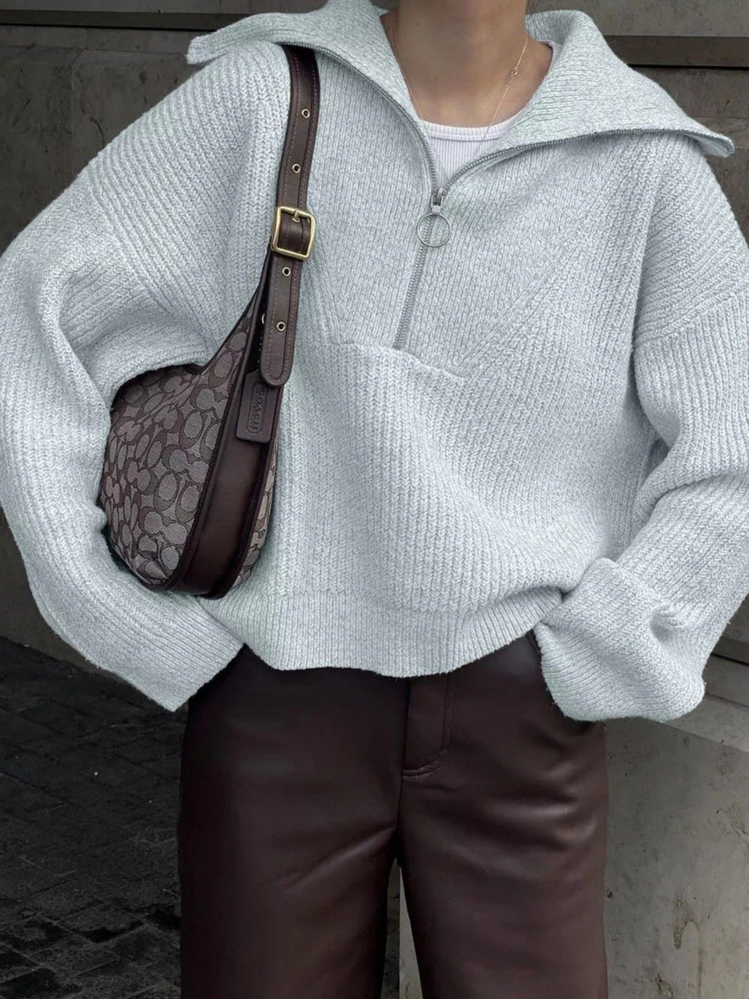Mercy | Women's Oversized Half Zip Knit Sweater with Wide Collar