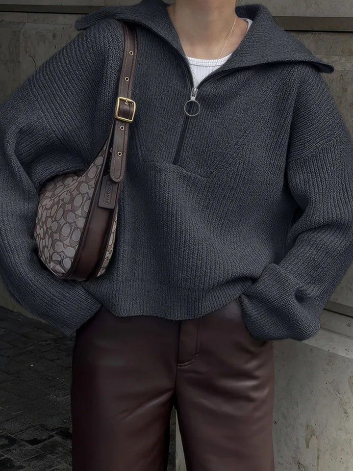 Mercy | Women's Oversized Half Zip Knit Sweater with Wide Collar