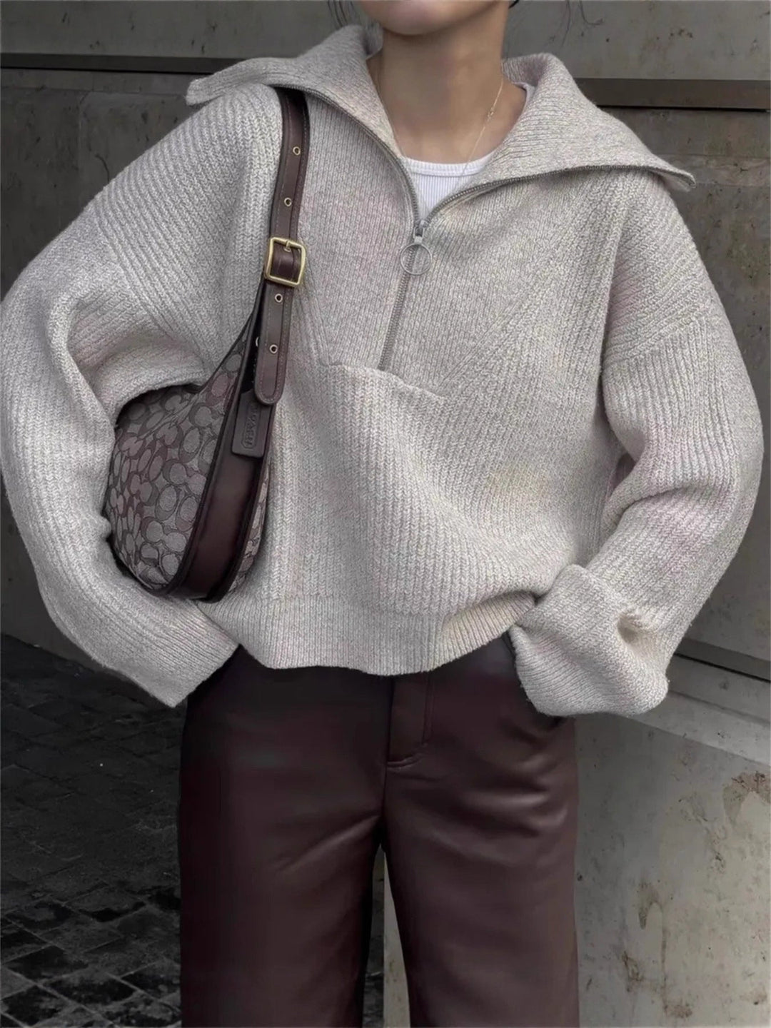 Mercy | Women's Oversized Half Zip Knit Sweater with Wide Collar