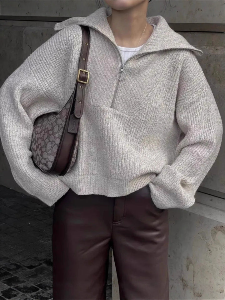 Mercy | Women's Oversized Half Zip Knit Sweater with Wide Collar