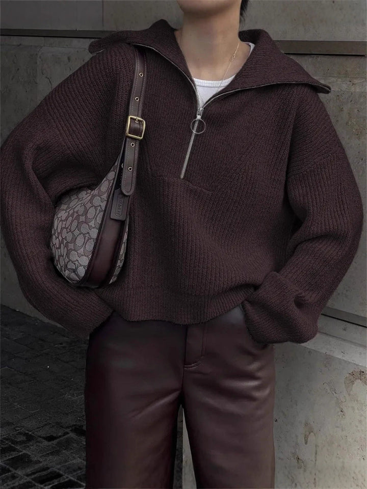 Mercy | Women's Oversized Half Zip Knit Sweater with Wide Collar