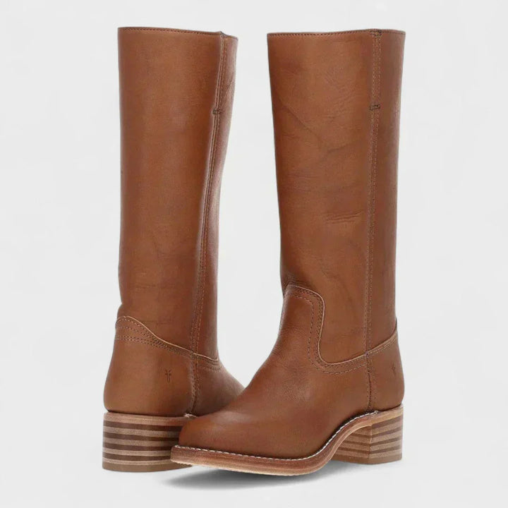 Charlotte | Classic Leather Knee-High Boots with Block Heel