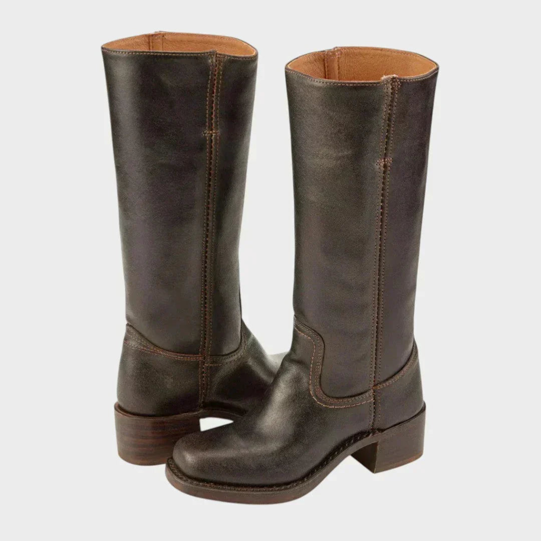 Charlotte | Classic Leather Knee-High Boots with Block Heel
