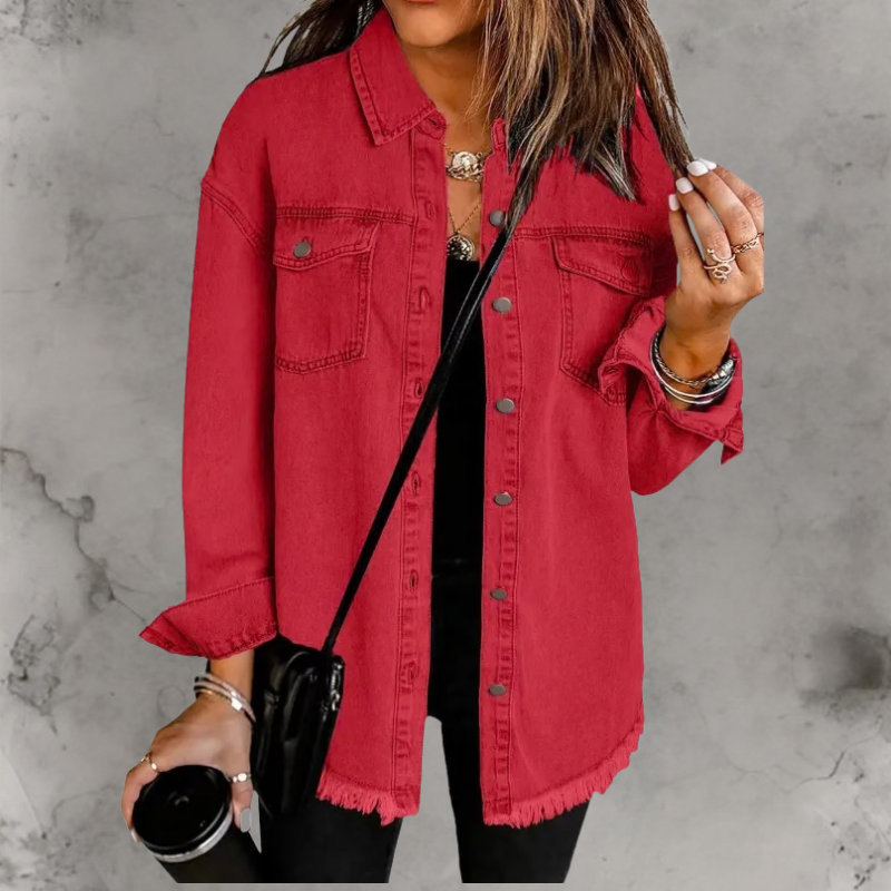 Aoife | Oversized Denim Shacket with Frayed Hem and Chest Pockets