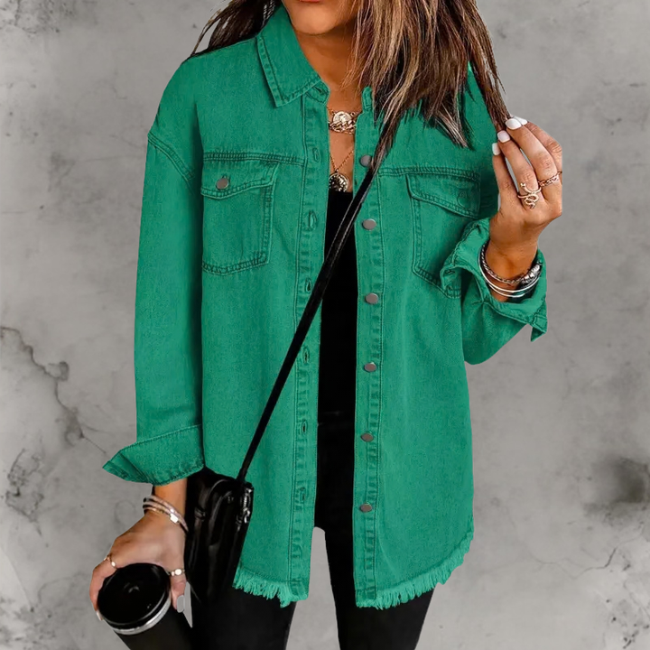 Aoife | Oversized Denim Shacket with Frayed Hem and Chest Pockets