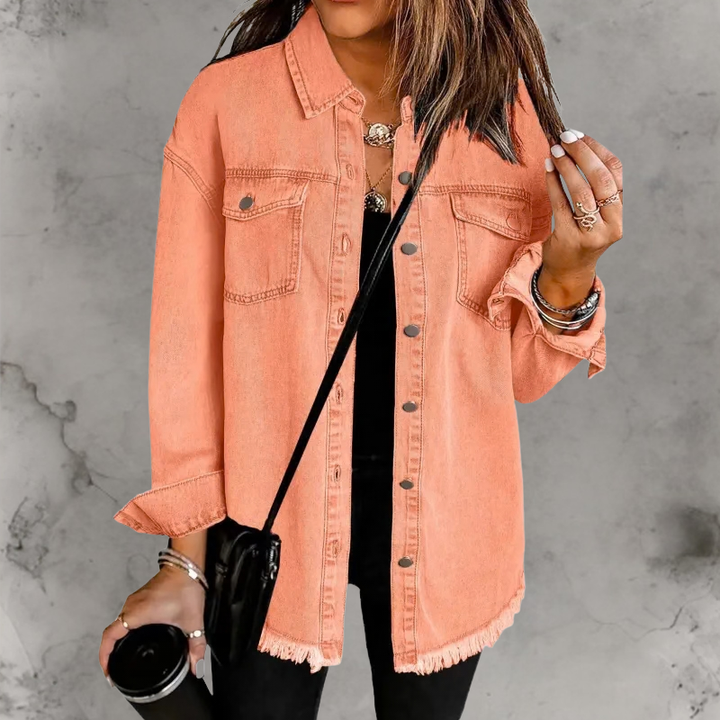 Aoife | Oversized Denim Shacket with Frayed Hem and Chest Pockets