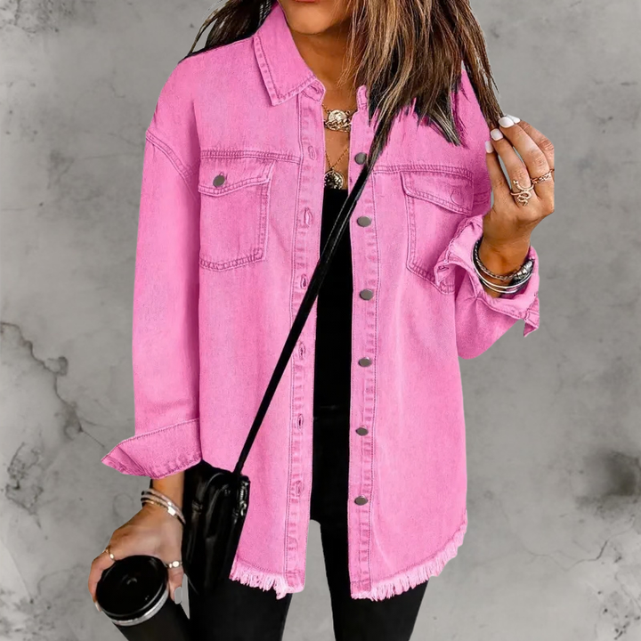 Aoife | Oversized Denim Shacket with Frayed Hem and Chest Pockets
