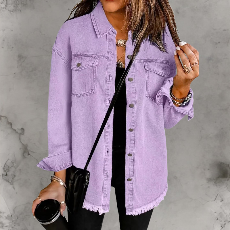 Aoife | Oversized Denim Shacket with Frayed Hem and Chest Pockets