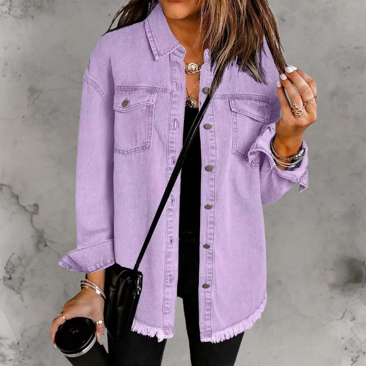 Aoife | Oversized Denim Shacket with Frayed Hem and Chest Pockets
