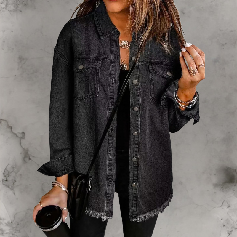 Aoife | Oversized Denim Shacket with Frayed Hem and Chest Pockets