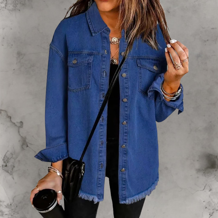 Aoife | Oversized Denim Shacket with Frayed Hem and Chest Pockets