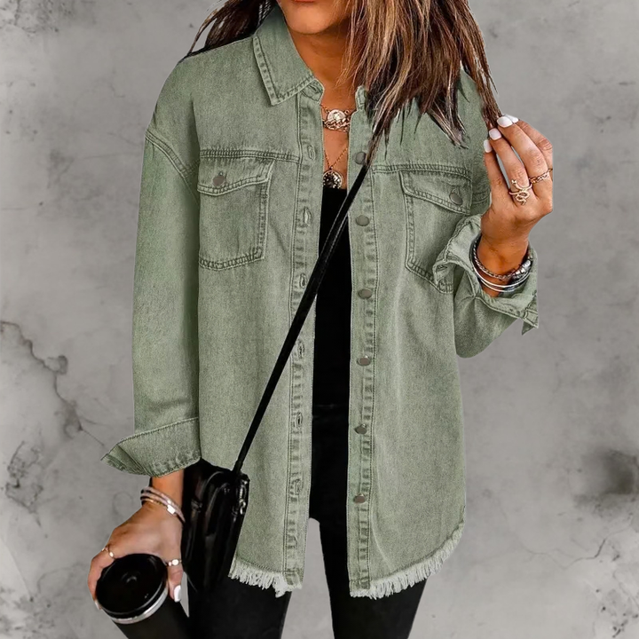 Aoife | Oversized Denim Shacket with Frayed Hem and Chest Pockets