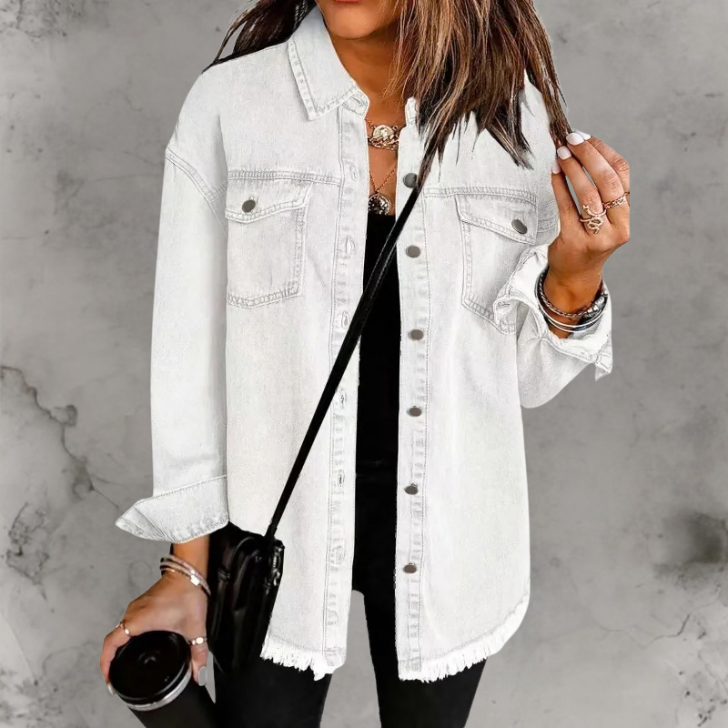 Aoife | Oversized Denim Shacket with Frayed Hem and Chest Pockets