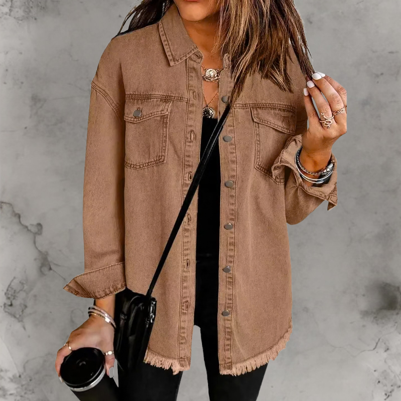 Aoife | Oversized Denim Shacket with Frayed Hem and Chest Pockets