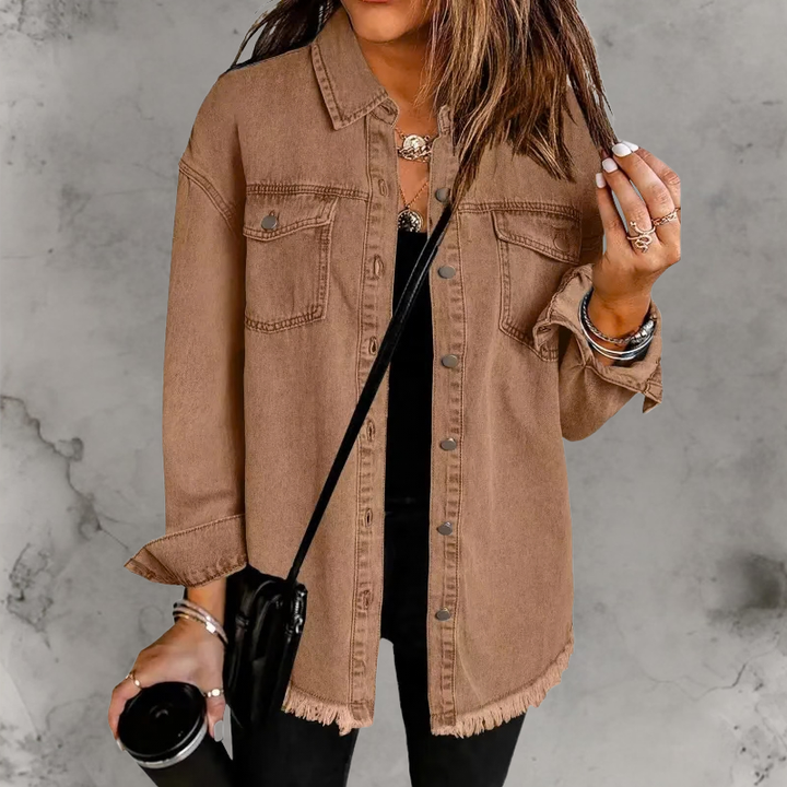 Aoife | Oversized Denim Shacket with Frayed Hem and Chest Pockets