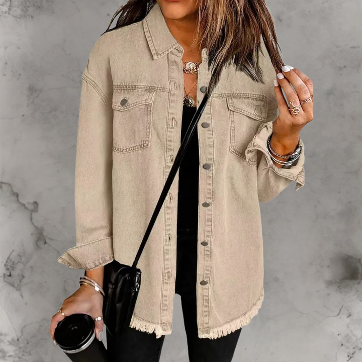 Aoife | Oversized Denim Shacket with Frayed Hem and Chest Pockets